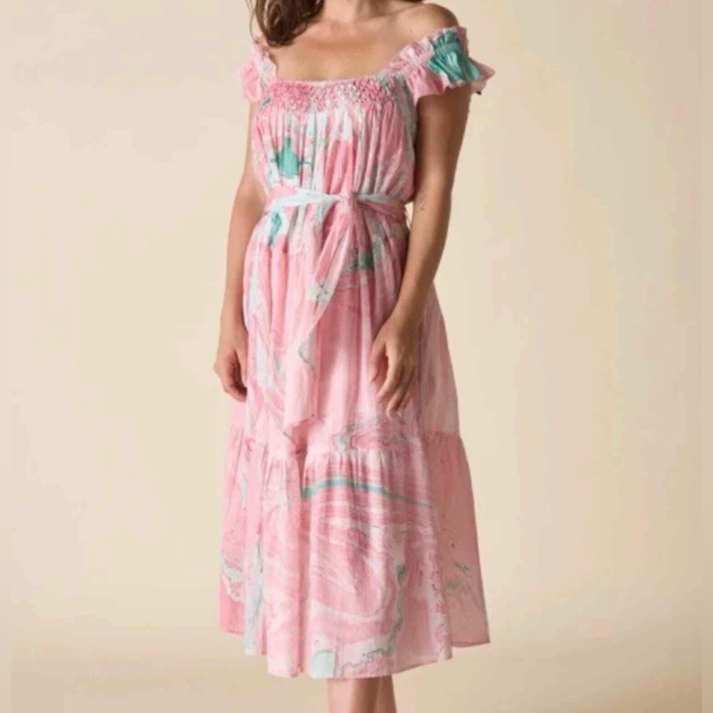 NEW St. Roche Rowena Dress Marbled Pink & Blue Midi Dress Size 6 Medium NWT